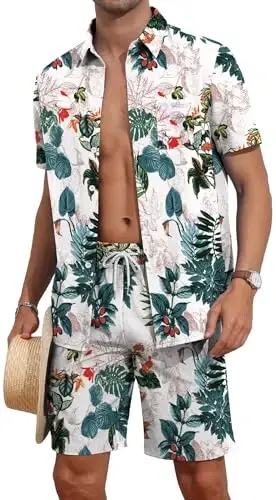 YTD Mens Flower Hawaiian 2 Piece Outfit Sets Short Sleeve Beach Casual Button Down Shirt and Shorts Suits - YTD