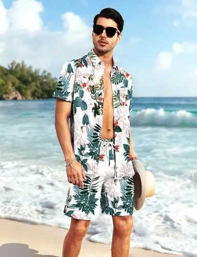 YTD Mens Flower Hawaiian 2 Piece Outfit Sets Short Sleeve Beach Casual Button Down Shirt and Shorts Suits 