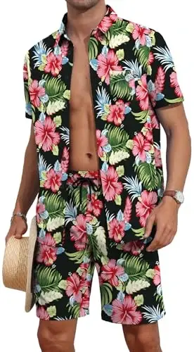 YTD Mens Flower Hawaiian 2 Piece Outfit Sets Short Sleeve Beach Casual Button Down Shirt and Shorts Suits - YTD
