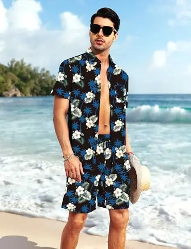 YTD Mens Flower Hawaiian 2 Piece Outfit Sets Short Sleeve Beach Casual Button Down Shirt and Shorts Suits 