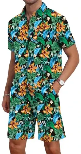 YTD Mens Flower Hawaiian 2 Piece Outfit Sets Short Sleeve Beach Casual Button Down Shirt and Shorts Suits - YTD (1)
