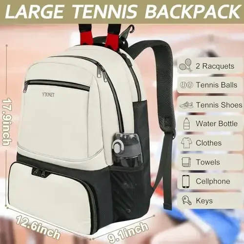 Ytonet Tennis Bag Tennis Backpack for Women Men 2 Rackets with Insulated Pocket Ventilated Shoe Compartment - 5