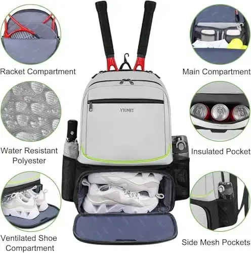 Ytonet Tennis Bag Tennis Backpack for Women Men 2 Rackets with Insulated Pocket Ventilated Shoe Compartment - 4