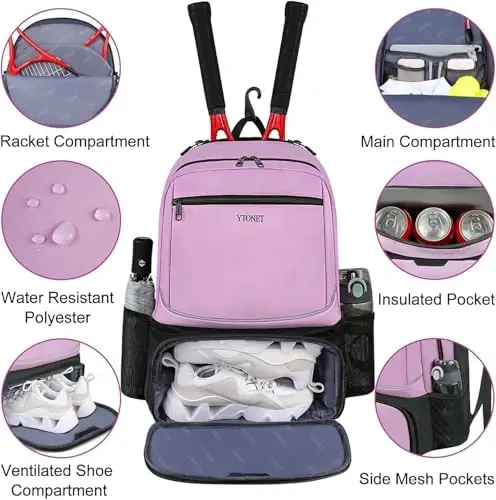 Ytonet Tennis Bag Tennis Backpack for Women Men 2 Rackets with Insulated Pocket Ventilated Shoe Compartment - 4