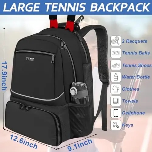 Ytonet Tennis Bag Tennis Backpack for Women Men 2 Rackets with Insulated Pocket Ventilated Shoe Compartment - 4