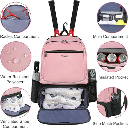 Ytonet Tennis Bag Tennis Backpack Ayollar va Erkaklar uchun 2 Raketka bilan Izolyatsiyalangan Cho'ntak Ventilyatsiya Qilingan Oyoq Kiyim Bo'limi bilan - 4