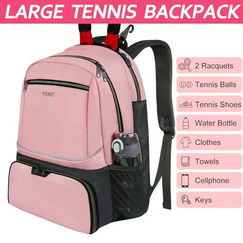 Ytonet Tennis Bag Tennis Backpack Ayollar va Erkaklar uchun 2 Raketka bilan Izolyatsiyalangan Cho'ntak Ventilyatsiya Qilingan Oyoq Kiyim Bo'limi bilan - 5