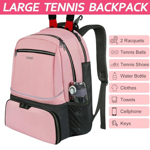 Ytonet Tennis Bag Tennis Backpack Ayollar va Erkaklar uchun 2 Raketka bilan Izolyatsiyalangan Cho'ntak Ventilyatsiya Qilingan Oyoq Kiyim Bo'limi bilan - 3