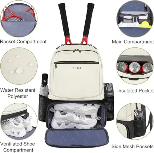 Ytonet Tennis Bag Tennis Backpack for Women Men 2 Rackets with Insulated Pocket Ventilated Shoe Compartment - 3