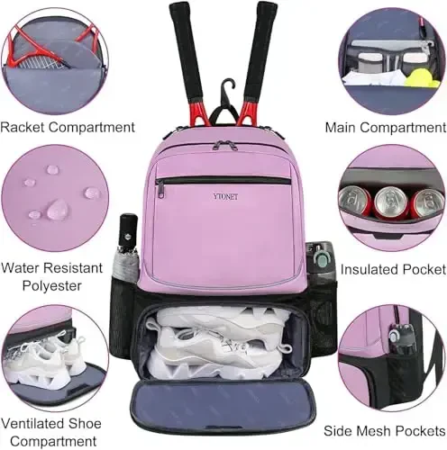 Ytonet Tennis Bag Tennis Backpack for Women Men 2 Rackets with Insulated Pocket Ventilated Shoe Compartment - 4
