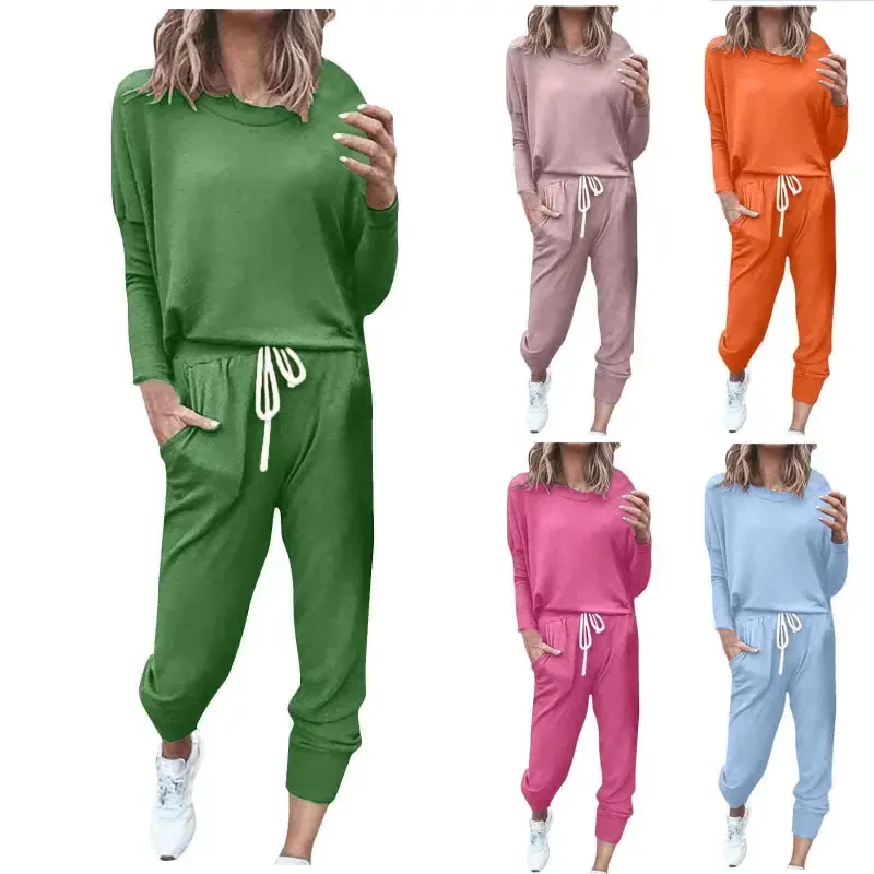 YUGYXL Women Tracksuits 2 Piece Set Lightweight Comfy Crew Neck Sweatshirt Waist Stretch Wide Leg Sweatpants Solid Color Sportwear Suit Fall Savings- - YUGYXL
