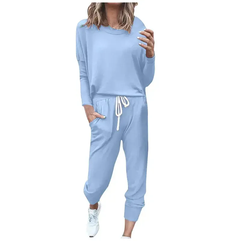 YUGYXL Women Tracksuits 2 Piece Set Lightweight Comfy Crew Neck Sweatshirt Waist Stretch Wide Leg Sweatpants Solid Color Sportwear Suit Fall Savings- - 3