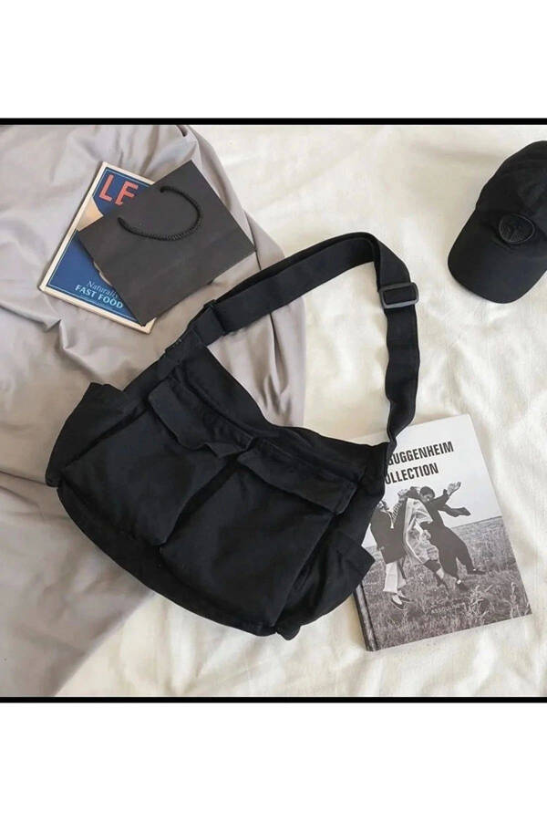 Yuklab oʻrinli pochta sumkasi, keng ichki hajmi, koʻcha uslubidagi, unisex qora rang - 6