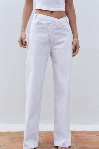 YÜKSEK BEL ÇAPRAZ KESİM TRF GENİŞ PAÇA JEAN-Beyaz - zara (1)