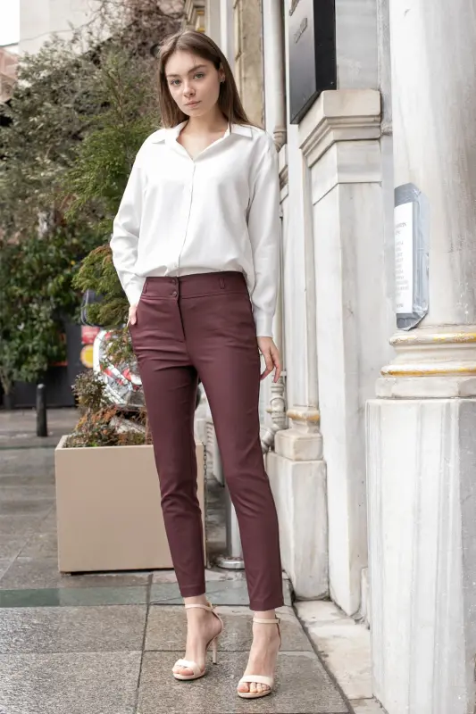 Yüksek Bel Kalın Kemerli Cepli Dar Paça Bilek Boy Pamuklu Likralı Kumaş Pantolon -Bordo-BORDO - JUMENT