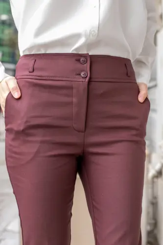 Yüksek Bel Kalın Kemerli Cepli Dar Paça Bilek Boy Pamuklu Likralı Kumaş Pantolon -Bordo-BORDO - 7