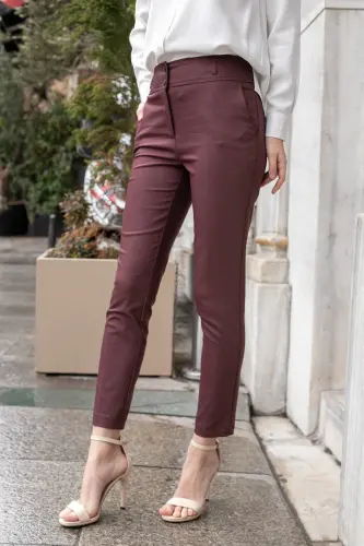Yüksek Bel Kalın Kemerli Cepli Dar Paça Bilek Boy Pamuklu Likralı Kumaş Pantolon -Bordo-BORDO - 3