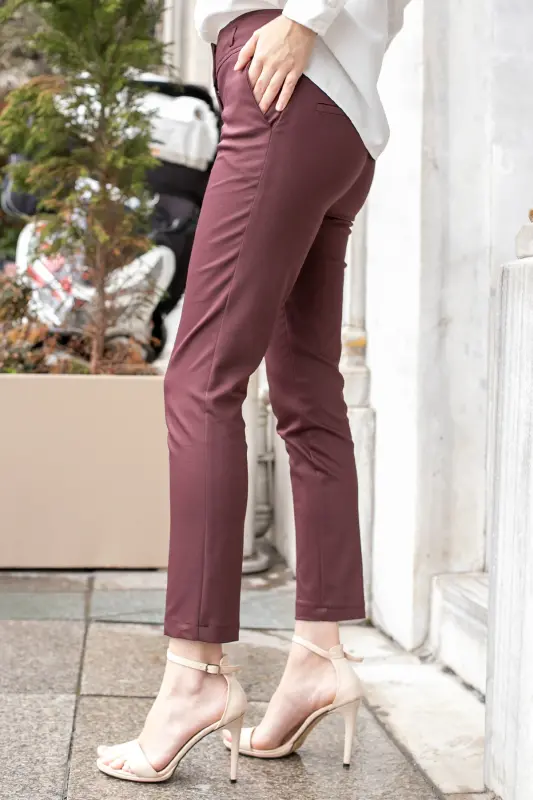 Yüksek Bel Kalın Kemerli Cepli Dar Paça Bilek Boy Pamuklu Likralı Kumaş Pantolon -Bordo-BORDO - 5