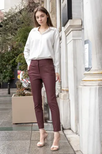 Yüksek Bel Kalın Kemerli Cepli Dar Paça Bilek Boy Pamuklu Likralı Kumaş Pantolon -Bordo-BORDO 