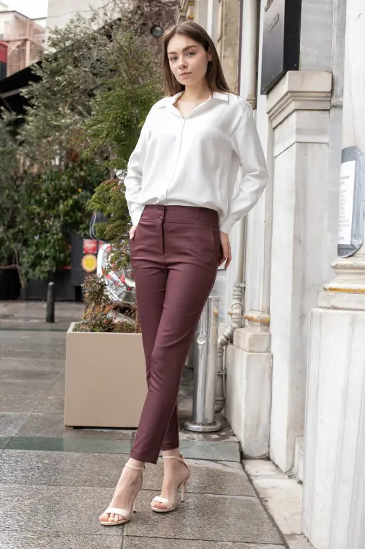Yüksek Bel Kalın Kemerli Cepli Dar Paça Bilek Boy Pamuklu Likralı Kumaş Pantolon -Bordo - BORDO - 2