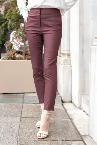 Yüksek Bel Kalın Kemerli Cepli Dar Paça Bilek Boy Pamuklu Likralı Kumaş Pantolon -Bordo - BORDO - 4