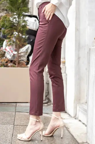 Yüksek Bel Kalın Kemerli Cepli Dar Paça Bilek Boy Pamuklu Likralı Kumaş Pantolon -Bordo - BORDO - 5