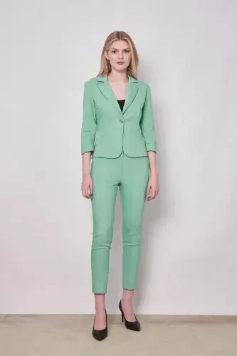 Yüksek Bel Kalın Kemerli Cepli Dar Paça Bilek Boy Pamuklu Likralı Kumaş Pantolon -Mint-MİNT - 1