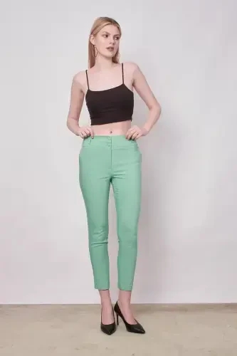 Yüksek Bel Kalın Kemerli Cepli Dar Paça Bilek Boy Pamuklu Likralı Kumaş Pantolon -Mint-MİNT - 3