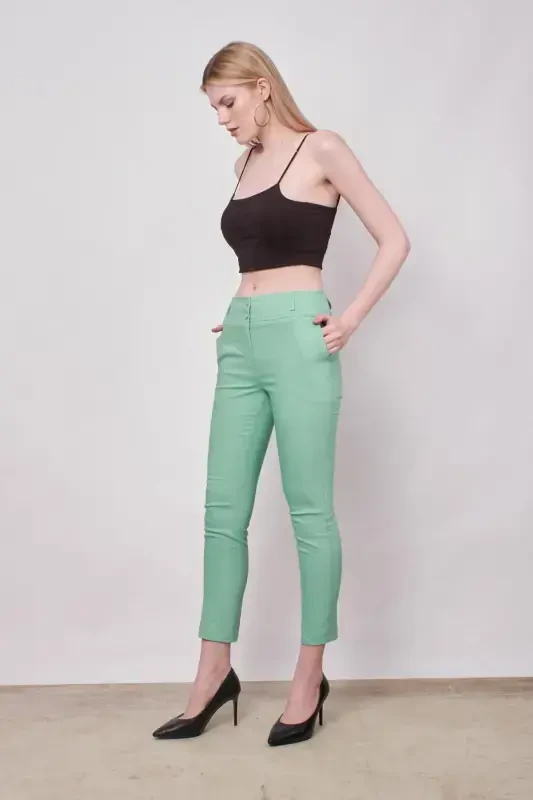 Yüksek Bel Kalın Kemerli Cepli Dar Paça Bilek Boy Pamuklu Likralı Kumaş Pantolon -Mint-MİNT - 4
