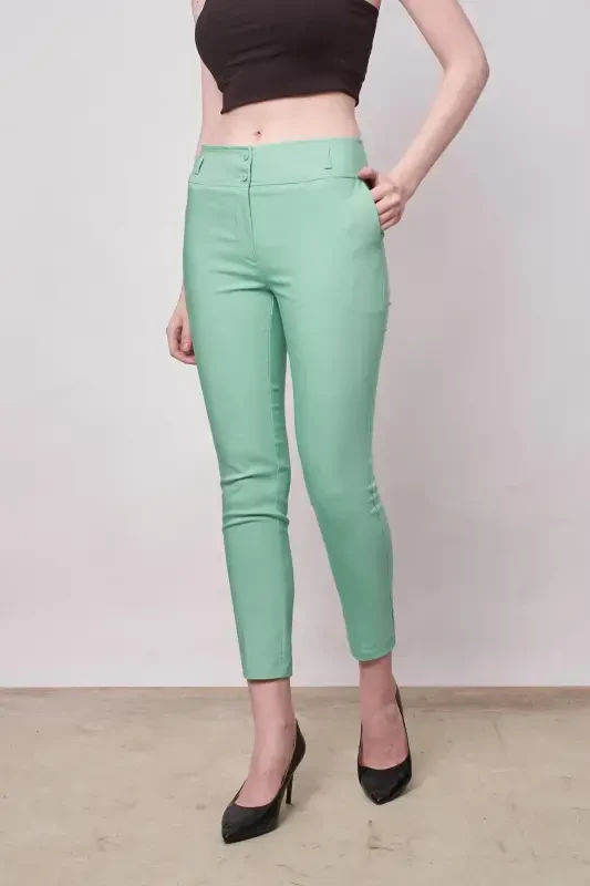 Yüksek Bel Kalın Kemerli Cepli Dar Paça Bilek Boy Pamuklu Likralı Kumaş Pantolon -Mint-MİNT - 5
