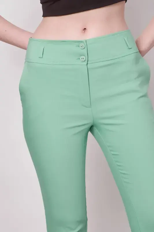 Yüksek Bel Kalın Kemerli Cepli Dar Paça Bilek Boy Pamuklu Likralı Kumaş Pantolon -Mint-MİNT - 7