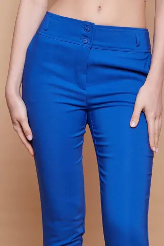 Yüksek Bel Kalın Kemerli Cepli Dar Paça Bilek Boy Pamuklu Likralı Kumaş Pantolon-Saks - SAX - 4