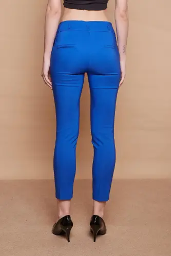 Yüksek Bel Kalın Kemerli Cepli Dar Paça Bilek Boy Pamuklu Likralı Kumaş Pantolon-Saks - SAX - 6