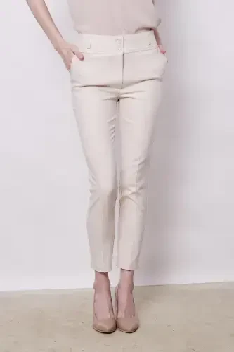 Yüksek Bel Kalın Kemerli Cepli Dar Paça Bilek Boy Pamuklu Likralı Kumaş Pantolon -Şampanya-ŞAMPANYA - JUMENT (1)