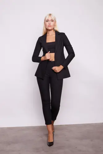 Yüksek Bel Kalın Kemerli Cepli Dar Paça Bilek Boy Pamuklu Likralı Kumaş Pantolon-Siyah - SİYAH 