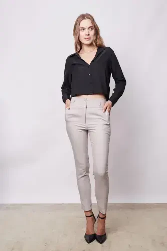 Yüksek Bel Kalın Kemerli Cepli Dar Paça Bilek Boy Pamuklu Likralı Kumaş Pantolon - Taş-TAŞ - JUMENT (1)