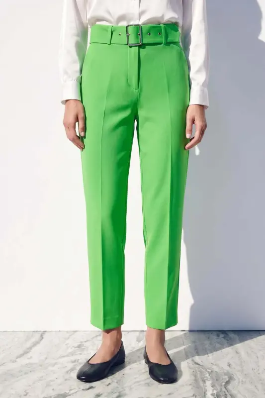Yüksek Bel Kemerli Pantolon - Açık Yeşil - Açık Yeşil - 5
