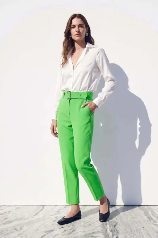 Yüksek Bel Kemerli Pantolon - Açık Yeşil - Açık Yeşil - SATEEN