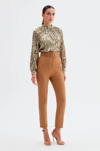 Yüksek Bel Kemerli Pantolon - Camel - CAMEL - 3