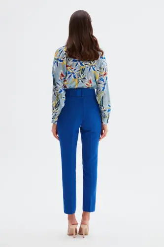 Yüksek Bel Kemerli Pantolon - İndigo-İNDİGO - 7