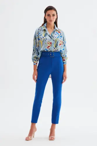 Yüksek Bel Kemerli Pantolon - İndigo - İNDİGO - SATEEN (1)