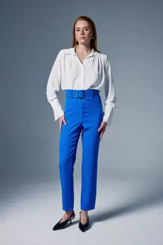 Yüksek Bel Kemerli Pantolon - Mavi - mavi - SATEEN (1)