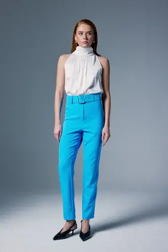 Yüksek Bel Kemerli Pantolon - Mavi - mavi - SATEEN (1)