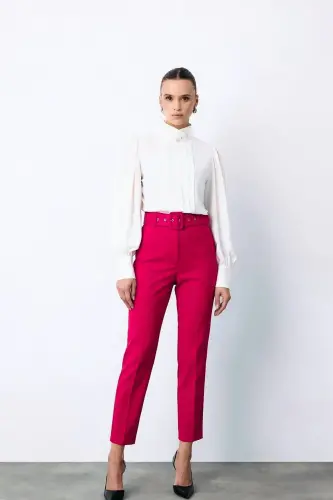 Yüksek Bel Kemerli Pantolon- pembe - pembe 