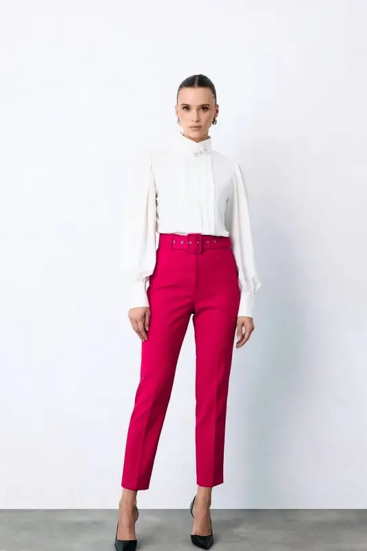 Yüksek Bel Kemerli Pantolon- pembe - pembe - SATEEN
