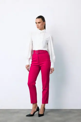 Yüksek Bel Kemerli Pantolon- pembe - pembe - SATEEN (1)