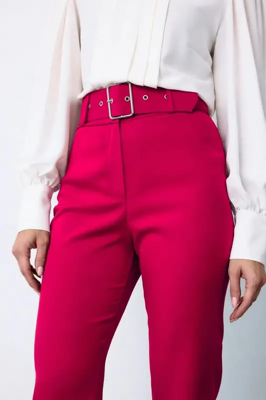 Yüksek Bel Kemerli Pantolon- pembe - pembe - 3