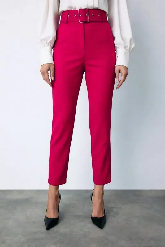 Yüksek Bel Kemerli Pantolon- pembe - pembe - 4