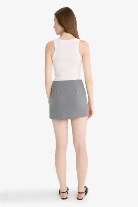 Yüksek Bel Mini Etek-Gri - 4