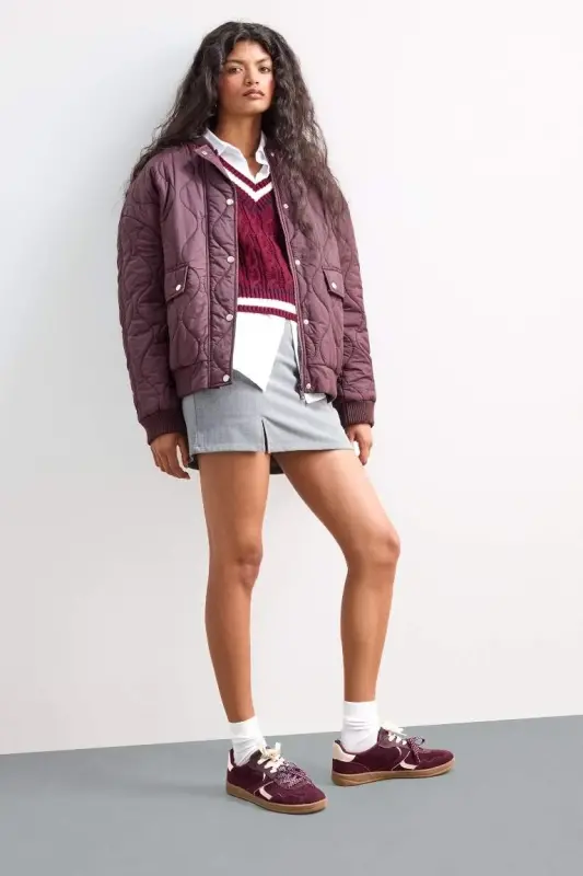 Yüksek Bel Mini Etek-Gri - 5